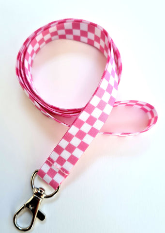 PINK CHECKERBOARD print 15mm lanyard for ID, keys, etc. Free UK post.