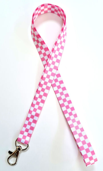 PINK CHECKERBOARD print 15mm lanyard for ID, keys, etc. Free UK post.