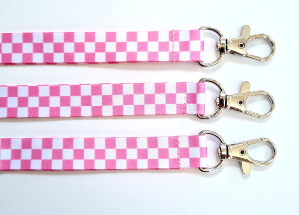 PINK CHECKERBOARD print 15mm lanyard for ID, keys, etc. Free UK post.