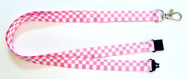 PINK CHECKERBOARD print 15mm lanyard for ID, keys, etc. Free UK post.