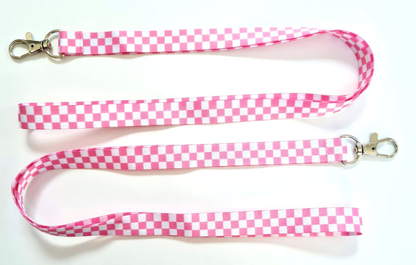 PINK CHECKERBOARD print 15mm lanyard for ID, keys, etc. Free UK post.