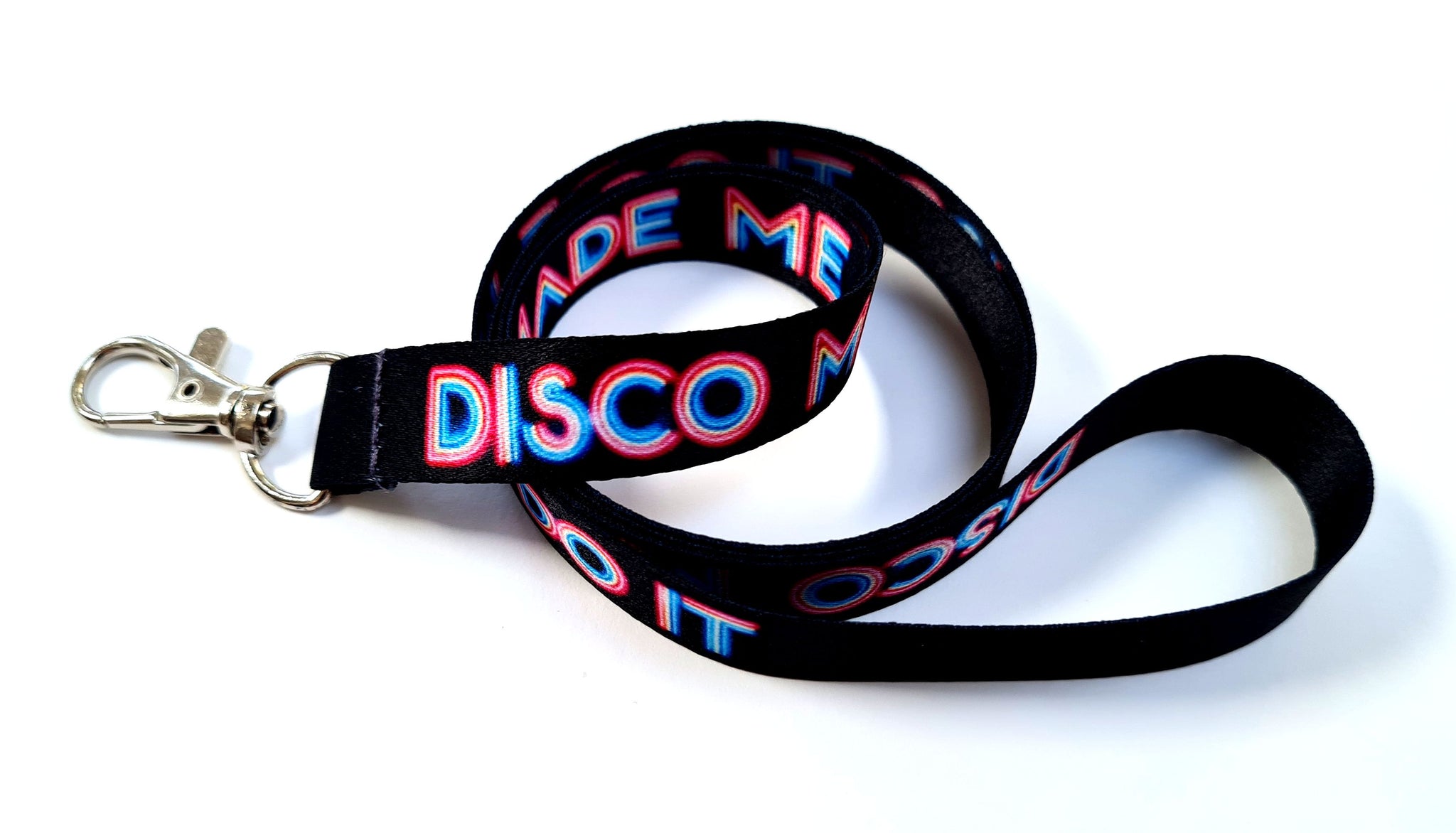 DISCO MADE ME DO IT multicolour printed 15mm lanyard for ID, keys, etc.
