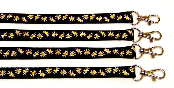 Daisy print on black background stylish neck strap lanyard 15mm for ID & keys