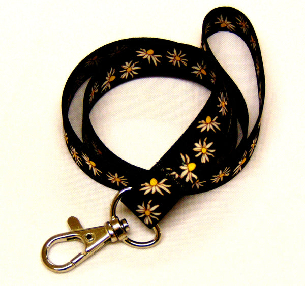 Daisy print on black background stylish neck strap lanyard 15mm for ID & keys