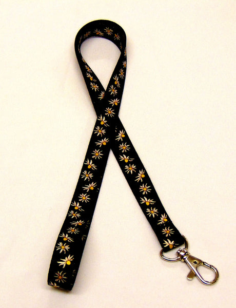 Daisy print on black background stylish neck strap lanyard 15mm for ID & keys