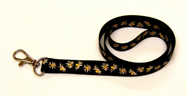 Daisy print on black background stylish neck strap lanyard 15mm for ID & keys