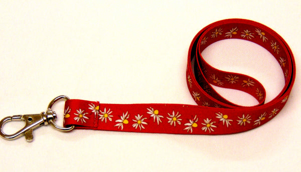 Daisy print on red background stylish neck strap lanyard 15mm for ID & keys.