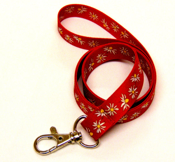 Daisy print on red background stylish neck strap lanyard 15mm for ID & keys.