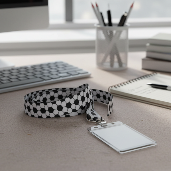 Black and white patterned lanyard with a name tag holder on a desk.