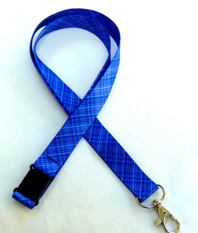 BLUE TARTAN 20mm neck strap lanyard for ID & keys. UK made. Free UK postage.