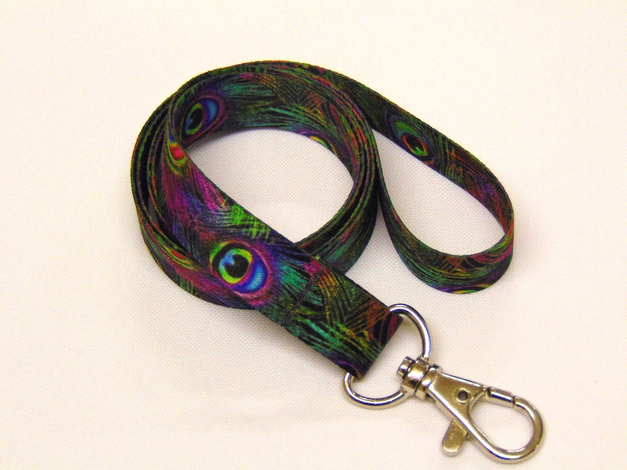 Beautiful PEACOCK FEATHER print 15mm lanyard for ID, keys, etc. Free UK post.