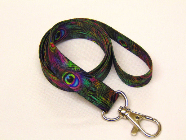 Beautiful PEACOCK FEATHER print 15mm lanyard for ID, keys, etc. Free UK post.