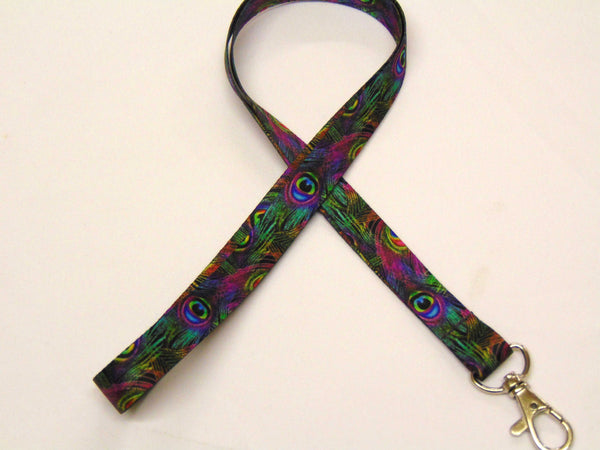 Beautiful PEACOCK FEATHER print 15mm lanyard for ID, keys, etc. Free UK post.
