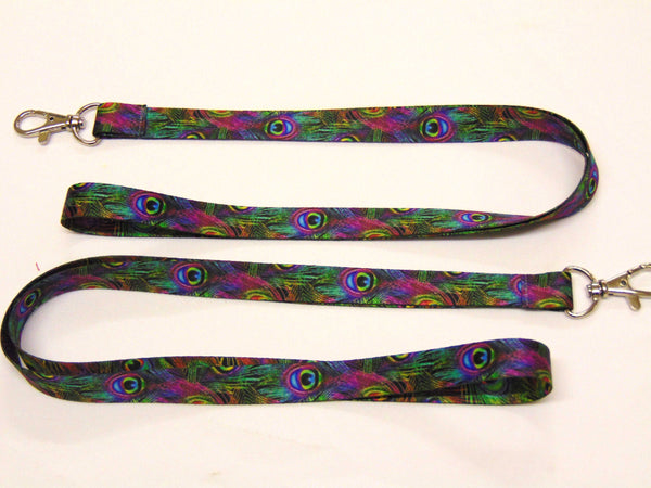Beautiful PEACOCK FEATHER print 15mm lanyard for ID, keys, etc. Free UK post.