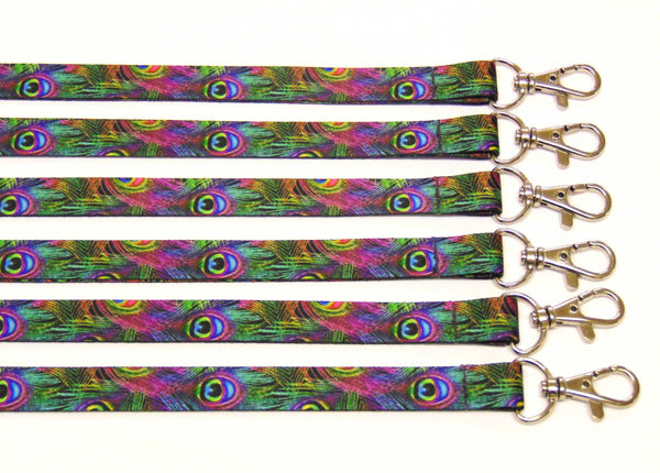 Beautiful PEACOCK FEATHER print 15mm lanyard for ID, keys, etc. Free UK post.