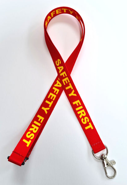SAFETY FIRST printed 15mm lanyard for ID, keys, etc. Free UK post.