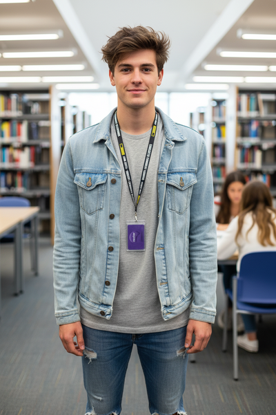 Student, wearing a 'sarcastic' branded lanyard in a library setting