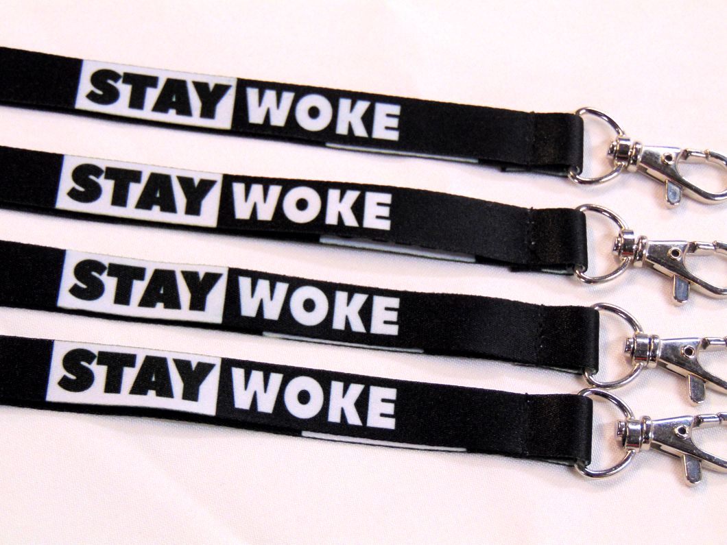 STAY WOKE print 15mm lanyard for ID, keys, etc. Free UK post.