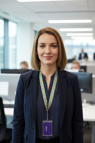 Woman in a professional setting wearing a name tag and lanyard.