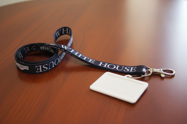 White House lanyard with badge holder on a wooden surface