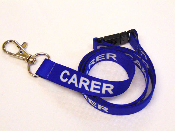 CARER (blue) printed lanyard 15mm with safety breakaway