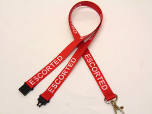 ESCORTED (red) with safety breakaway printed lanyard 15mm