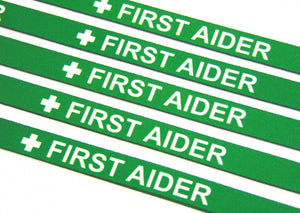 FIRST AIDER (green) printed lanyard 15mm with safety breakaway
