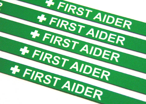 FIRST AIDER (green) printed lanyard 15mm with safety breakaway
