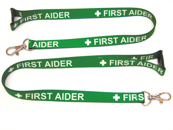 FIRST AIDER (green) printed lanyard 15mm with safety breakaway