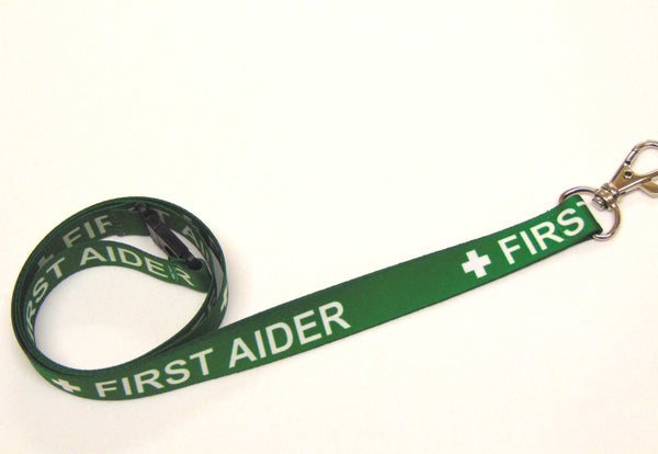 FIRST AIDER (green) printed lanyard 15mm with safety breakaway