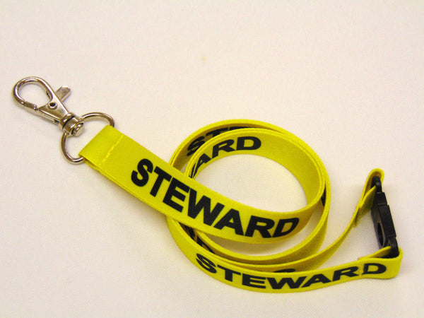 STEWARD (yellow/black) 15mm lanyard with safety breakaway printed